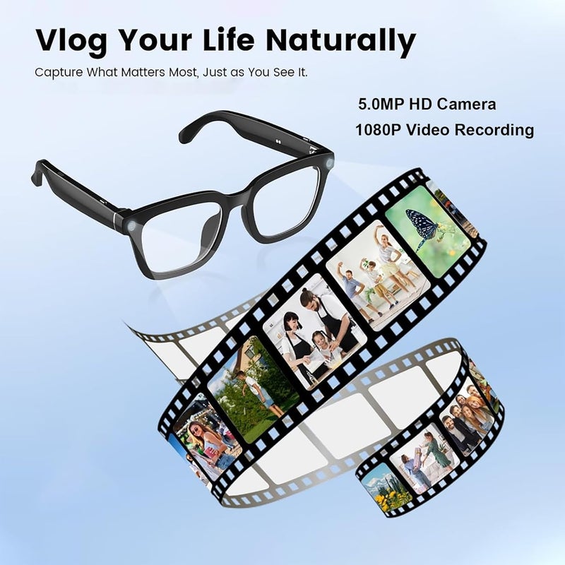 QJF Camera Glasses for Vlogging & Computer, Blue Light Filtering Smart Glasses with 1080P Recording, Hands-Free & App Preview, Voice Control - Image 2